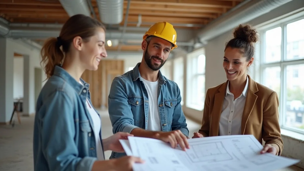 design build tenant improvement, project team reviewing blueprints during commercial office renovation
