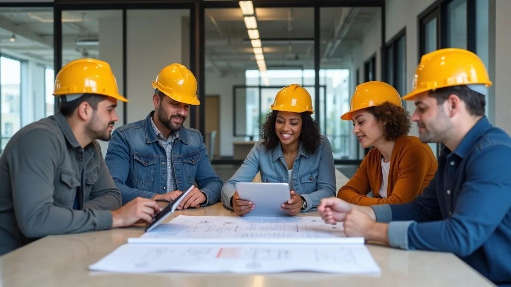 Diverse project stakeholders reviewing construction closeout documents for tenant improvements