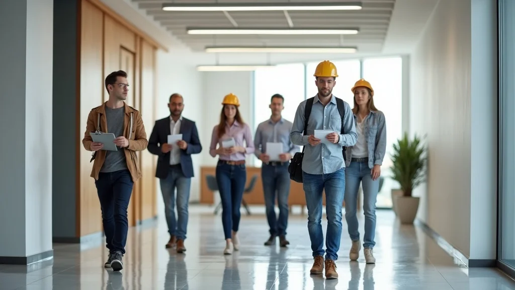 Professional contractor and team reviewing punch list on completed tenant improvement in commercial space