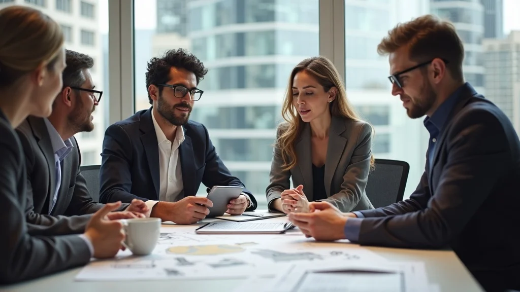 Tenant improvement stakeholders: a collaborative group of tenants, landlords, architects, and contractors discussing architectural plans at a modern conference table.