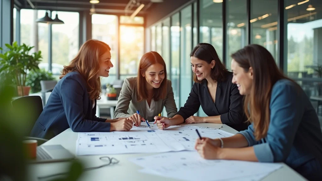 Modern office tenant improvement project: collaborative professionals discussing blueprints in a freshly renovated open-plan office with glass partitions, natural sunlight, and dynamic movement.