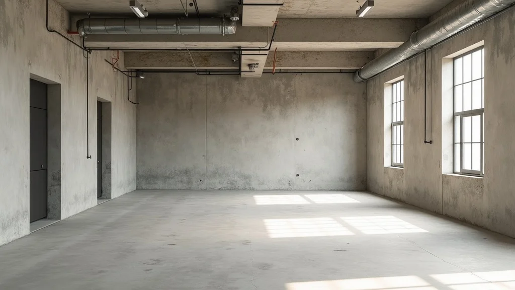 Unfinished commercial shell space in downtown office building, exposed concrete floors, neutral palette, photorealistic