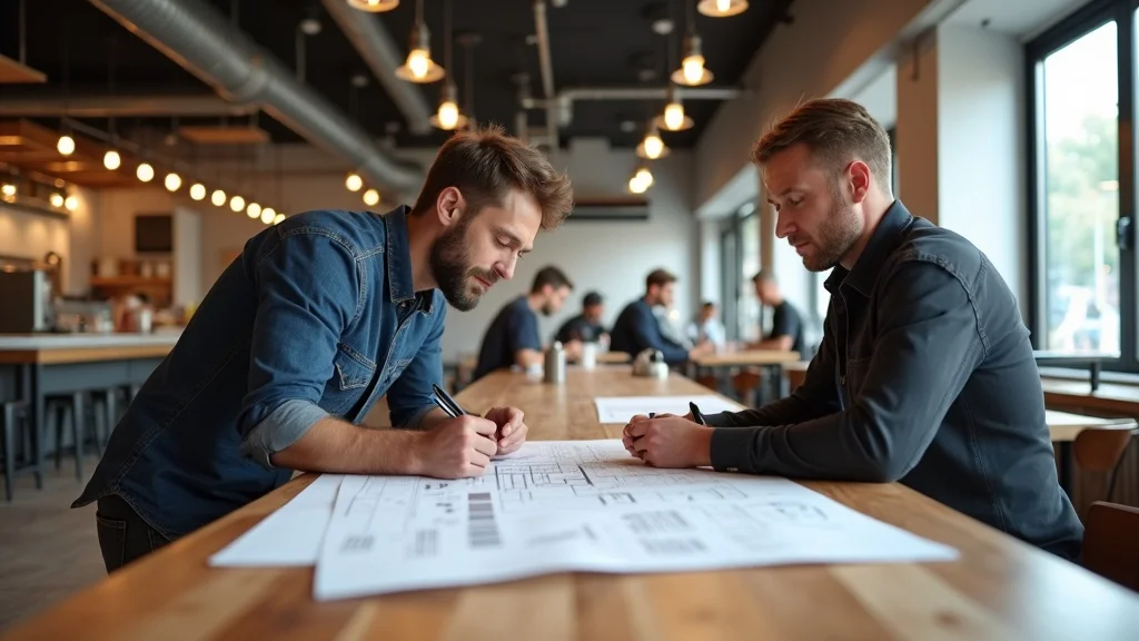 restaurant tenant improvement: Modern restaurant interior under construction, with contractors and business owners reviewing blueprints in an unfinished urban restaurant space