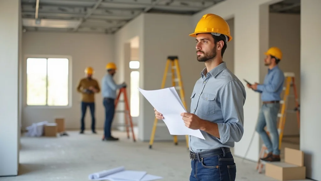 Project manager reviewing construction closeout checklist amid busy tenant improvement construction site with drywall, fresh paint, and plans on table