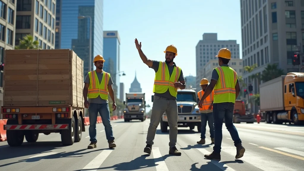 Commercial construction crew coordinating material delivery in a busy Downtown LA street, local realities for selecting a commercial contractor
