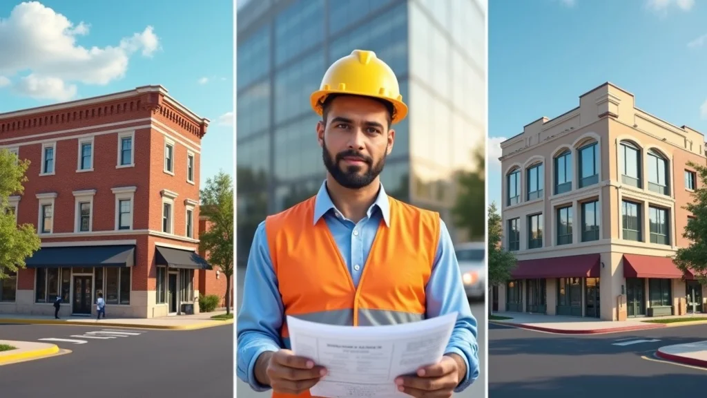 Building inspector reviewing plans with three regional commercial buildings: Arkansas historic brick, Utah modern glass, Alabama southern; photorealistic, region-specific permitting