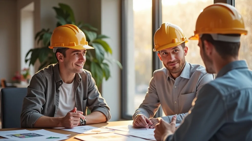 Tenant improvement consultation: a tenant discussing plans and color samples with a contractor in a construction site office, friendly and focused.