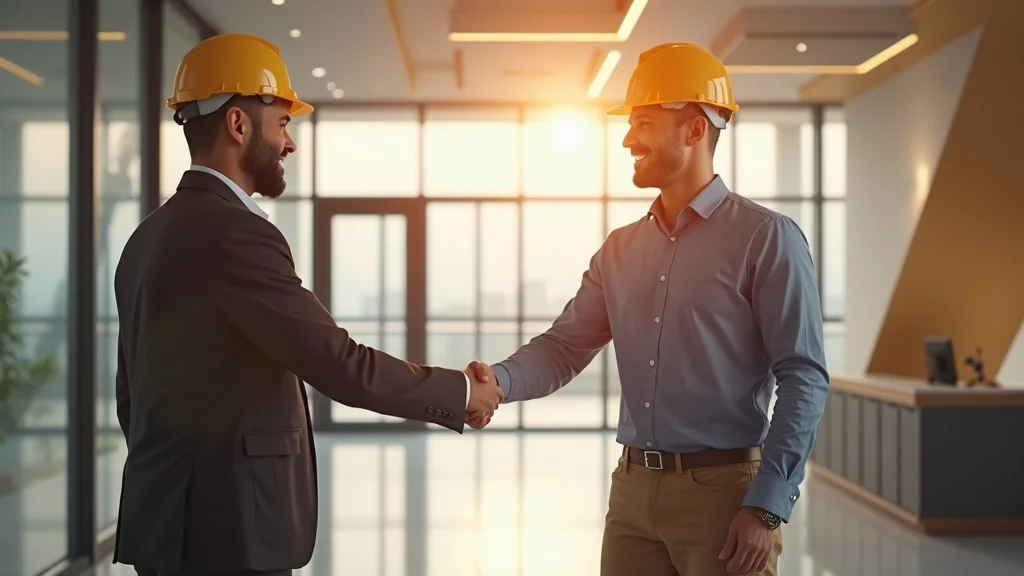 Satisfied client and contractor shaking hands in a completed modern commercial space, positive outcome of selecting a commercial contractor