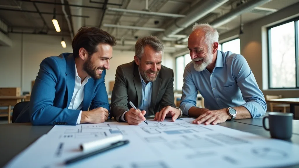 Bright modern commercial workspace team planning tenant improvement with commercial general contractor at table