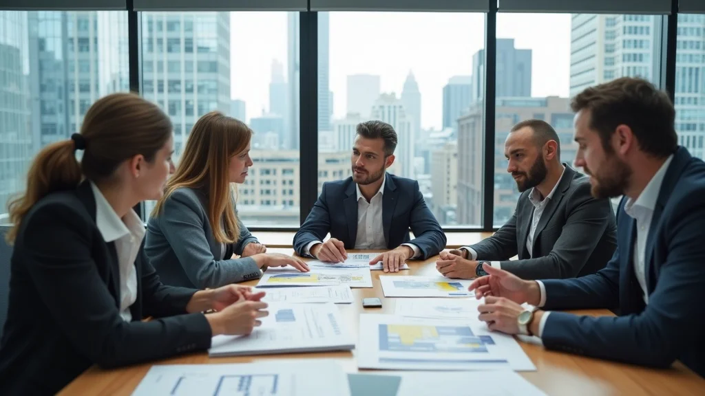 tenant improvement process team - Project manager and team in a conference room, engaged expressions, analyzing construction documents and digital plans, glass-walled office, cityscape backdrop, dynamic hand gestures, movement of papers, crisp detail, deep focus, natural daylight, neutral professional colors, bright ambient lighting, 35mm lens.