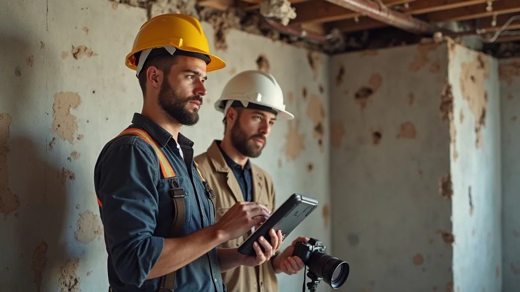 change order unforeseen site conditions - Worker and project manager uncovering old building infrastructure behind wall, documenting with tablet and camera, photorealistic, partially demolished wall area, exposed pipes and wiring, dust, movement from uncovering debris, detailed realism, natural building colors, focused task lighting, 50mm lens.