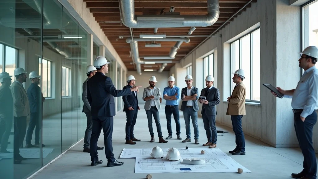 tenant improvement checklist, diverse team reviewing plans at modern construction site, photorealistic, glass walls, digital tablets