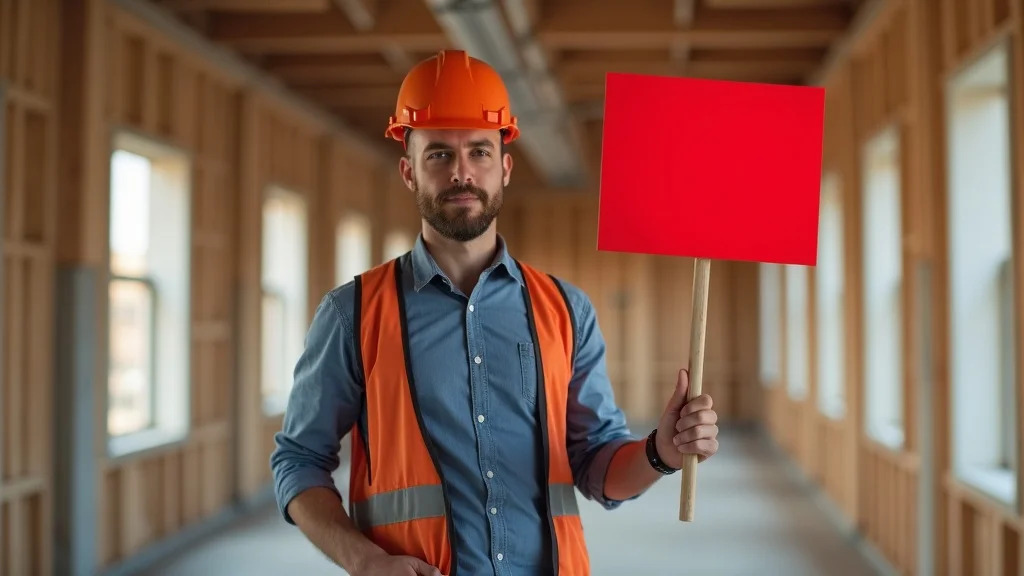 Project manager holds a red flag icon in unfinished office buildout, signaling construction closeout delays