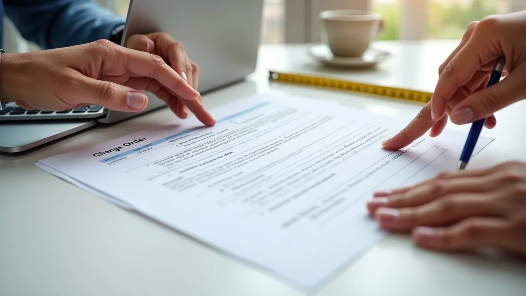 change order documentation - Diverse hands holding and pointing to a detailed construction change order document, photorealistic, clean office desktop, laptop, coffee, measuring tape, slight background blur for depth, high clarity, tactile paper textures, office neutrals, subtle pops of color, natural window light, macro lens.