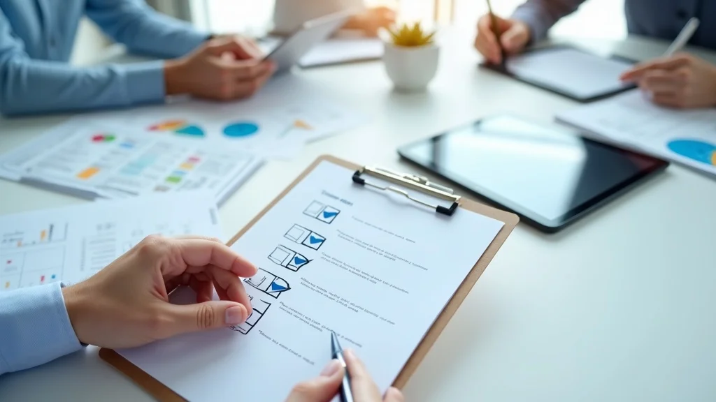 Hand holding a detailed construction closeout checklist clipboard surrounded by site documents and digital tablets