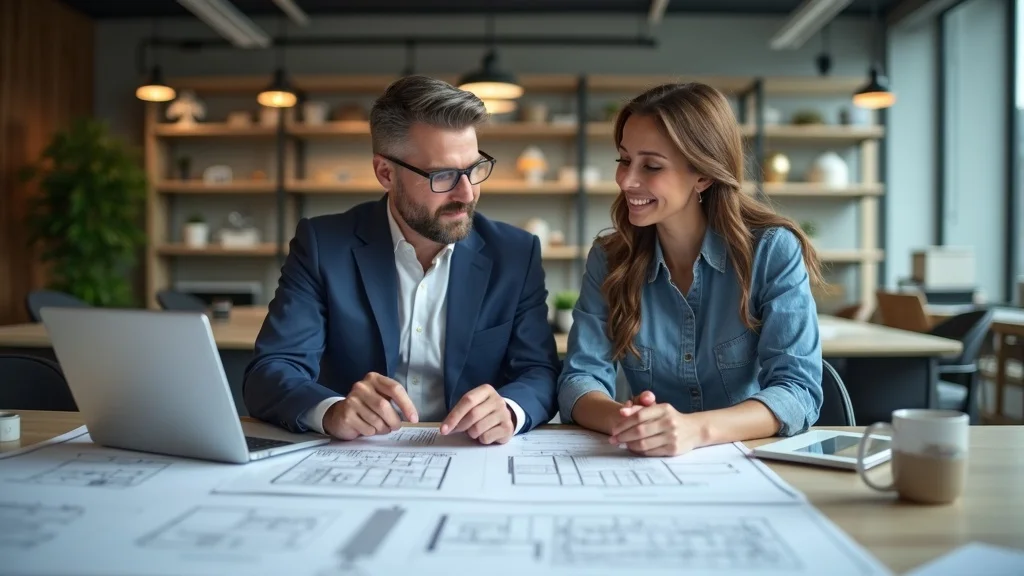 Project manager and architect reviewing blueprints and permits to prepare for the commercial tenant improvement process