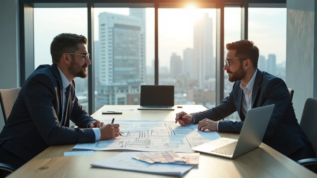 tenant improvement checklist, business tenant and contractor reviewing floor plans in bright modern office, photorealistic, floor-to-ceiling windows, blueprints, and laptops