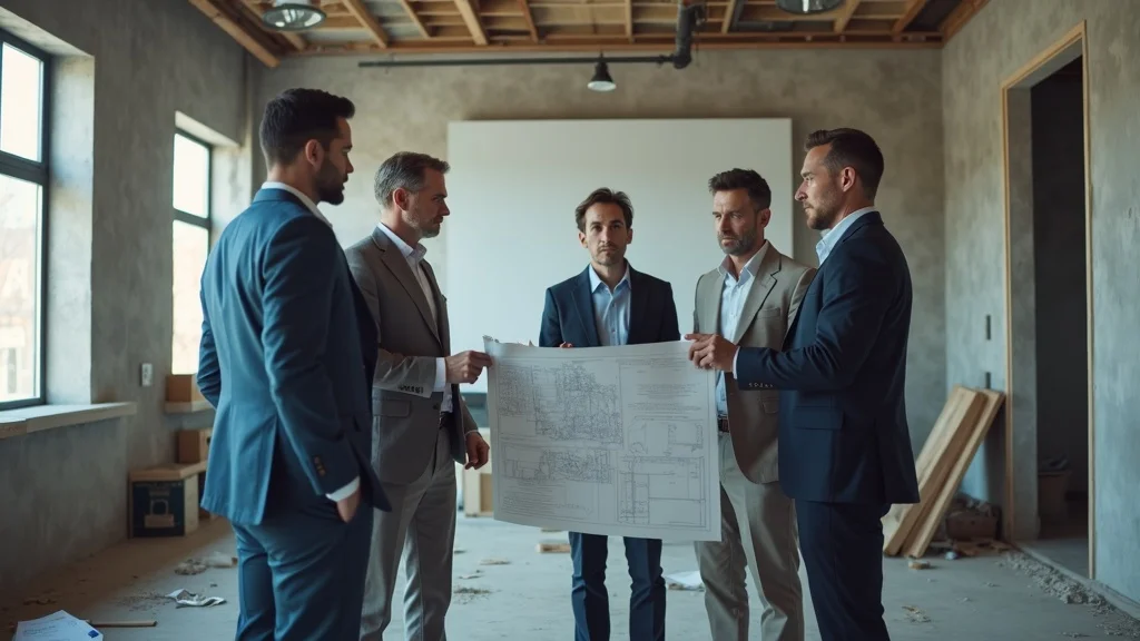 Vibrant urban office renovation with business professionals reviewing blueprints in a partially finished modern office space, highlighting the commercial tenant improvement process