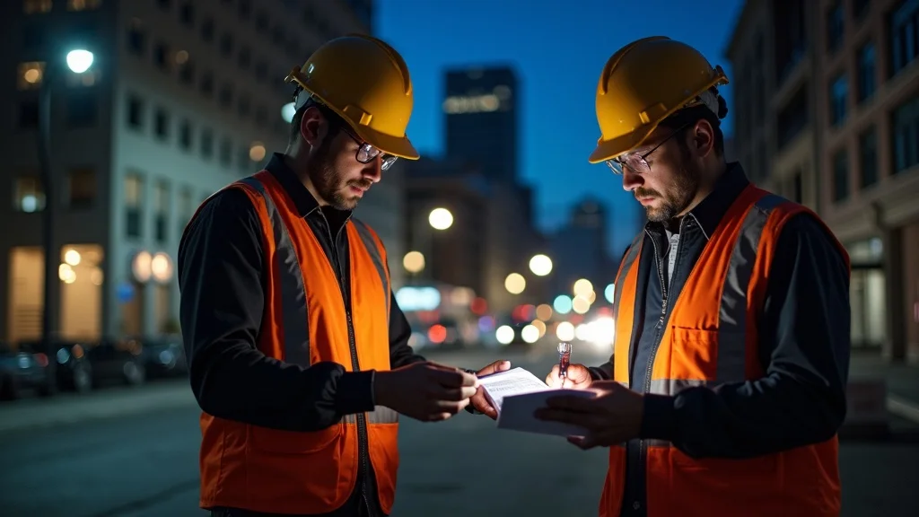 local tenant improvement change orders DTLA - Construction crew working after hours outside historic downtown building, focused expressions, moving equipment, photorealistic, city lights, DTLA skyline, subtle traffic movement, illuminated tools, extremely detailed nighttime realism, city-inspired color contrast, work lights and urban glow, wide-angle lens.
