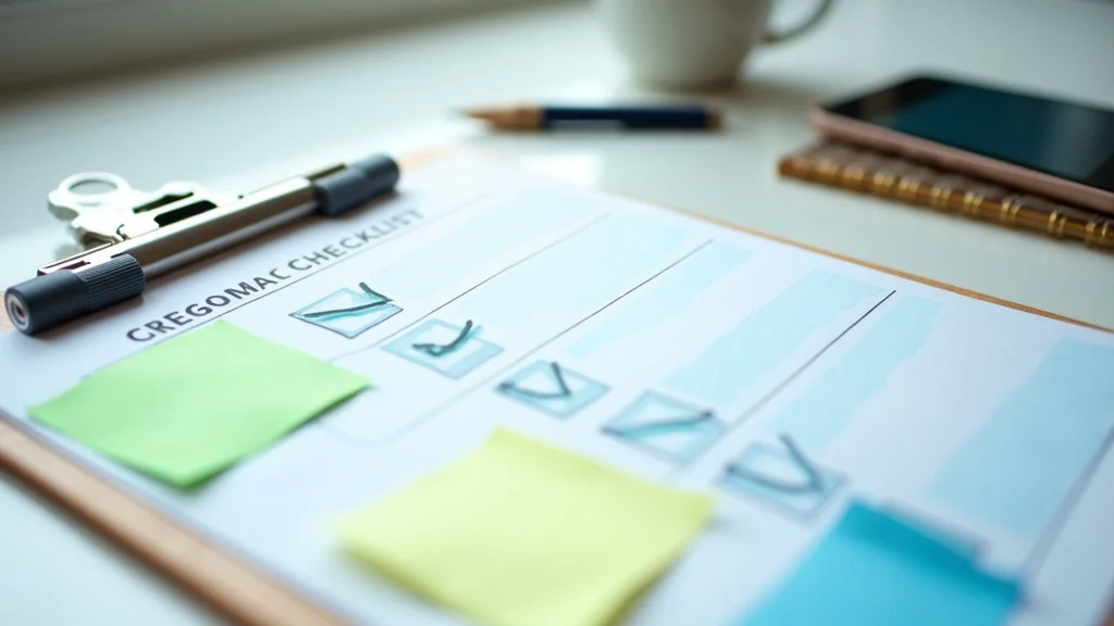 tenant improvement checklist, organized color-coded construction checklist on clipboard with sticky notes, close-up, photorealistic