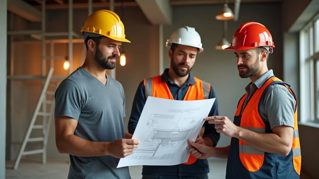 Construction project manager and team reviewing tenant improvement blueprints in active commercial building, role of commercial contractor
