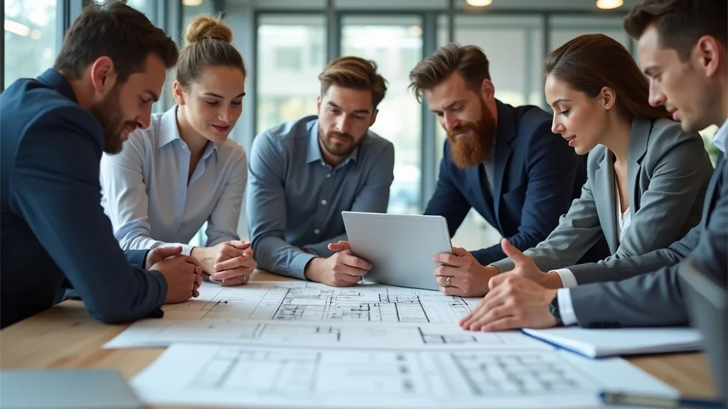 Project management team overseeing downtown los angeles tenant improvement planning, reviewing blueprints and discussing construction timelines.