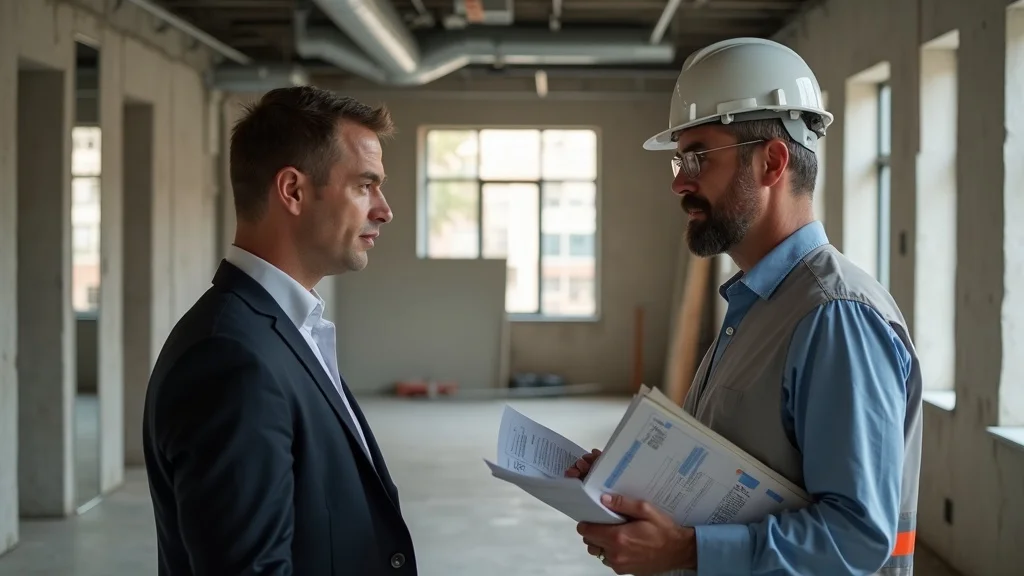 construction change orders financial impact - Professional tenant and construction foreman reviewing increased cost estimates and timelines, photorealistic, partially built office, ductwork, spreadsheets, visuals of urgency, fine texture, bokeh background, light neutrals, architectural grays, bright office lighting, 85mm lens.