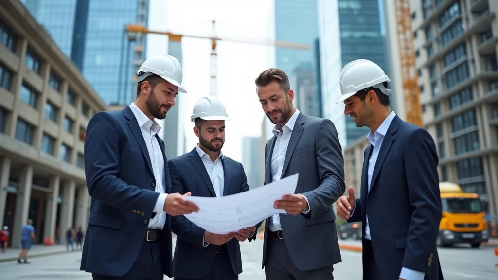 Professional commercial building exterior with engineer, architect, inspector, and contractor reviewing blueprints; photorealistic city block background with active commercial construction