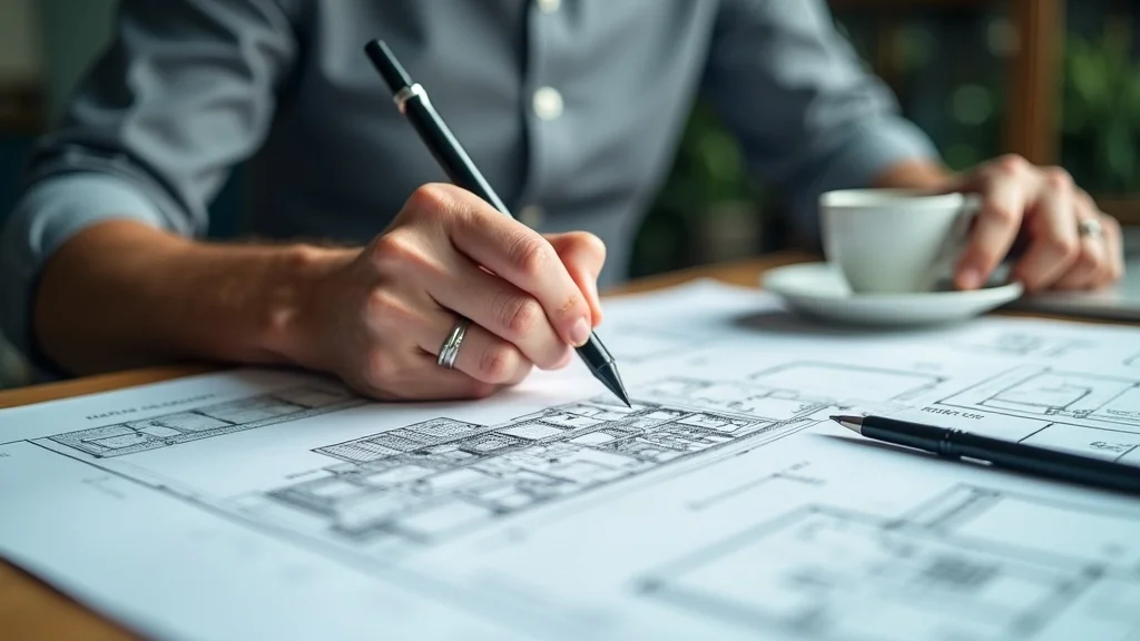Detail-oriented professional drafting a commercial construction project plan, demonstrating scope and priorities for selecting a commercial contractor