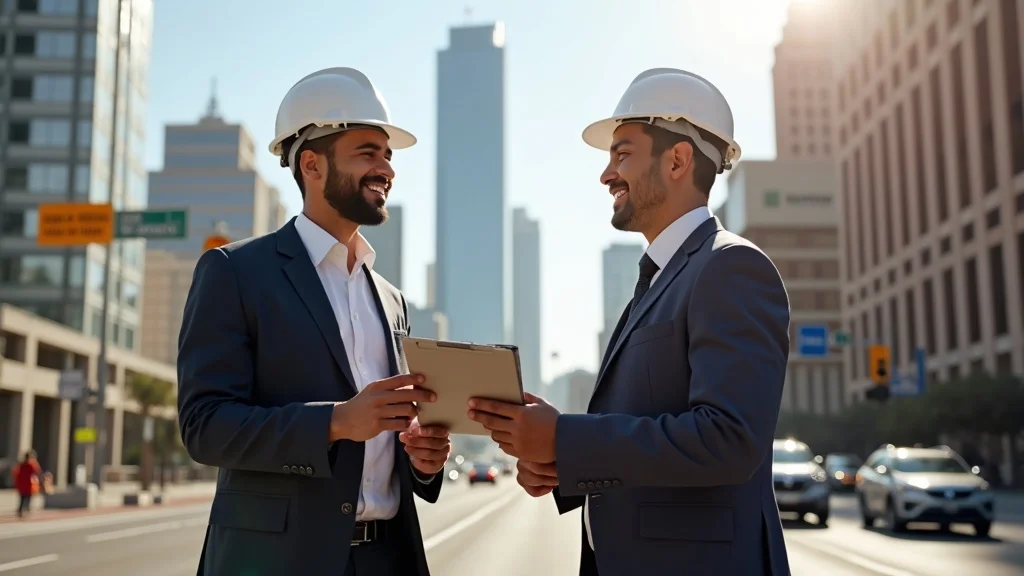 Professional reviewing construction paperwork with city inspector in downtown Los Angeles
