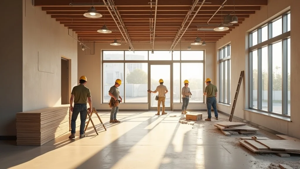 Tenant improvement construction: construction crew installing modern fixtures in a partially completed retail space, new materials stacked, and sunlight streaming through street-facing windows.