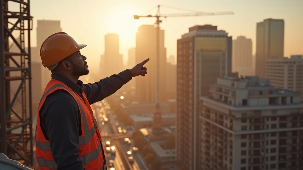 Urban downtown Los Angeles commercial construction site manager pointing out stalled TI area; photorealistic high-rise building, scaffolding, cranes, safety gear, city background