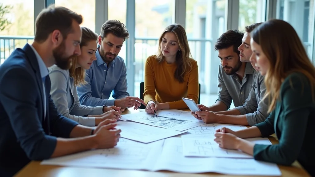 Diverse project team collaborating over commercial tenant improvement floor plans in LA.
