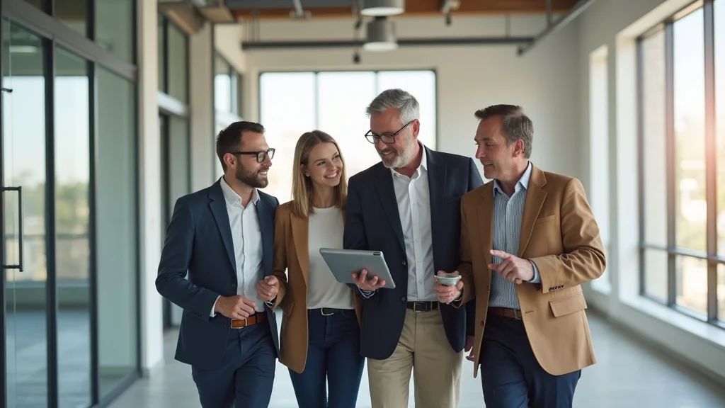 Professional team reviewing completed office space with digital checklist for final construction closeout inspection