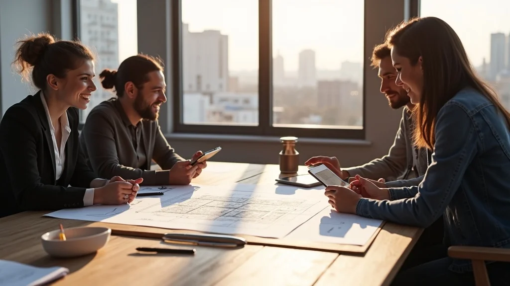 restaurant tenant improvement: Kick-off meeting with architect, contractor, and restaurant owner in a city-view, unfinished restaurant site