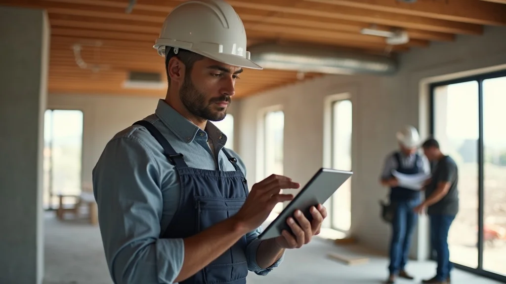 construction foreman monitoring tenant improvement progress at a partially finished office space using a tablet and collaborating with team members