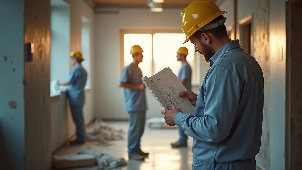 Medical office buildout with construction workers reviewing plans, illustrating tenant improvement logistics.